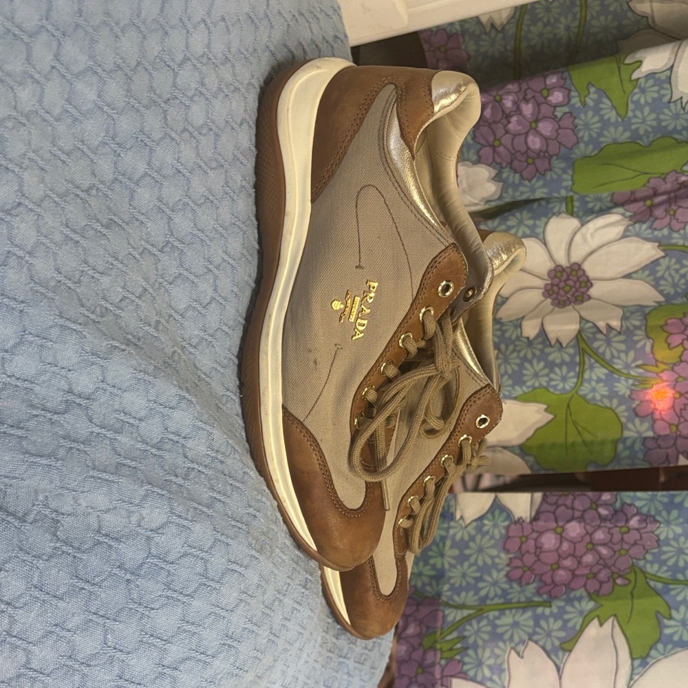 Prada Women's Brown and Cream Sneakers